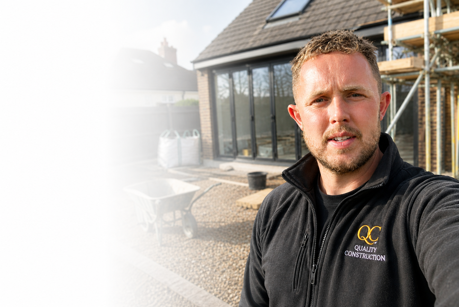 Kyle Morris, owner of Quality Construction, at a construction project in Milton Keynes