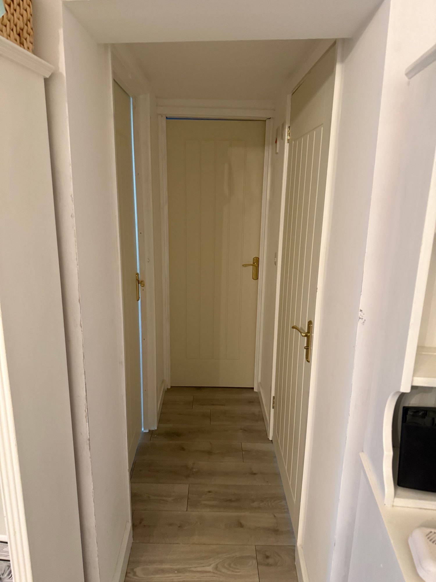 Hallway with white walls, wood-effect flooring, several white paneled doors, and brass-colored door handles