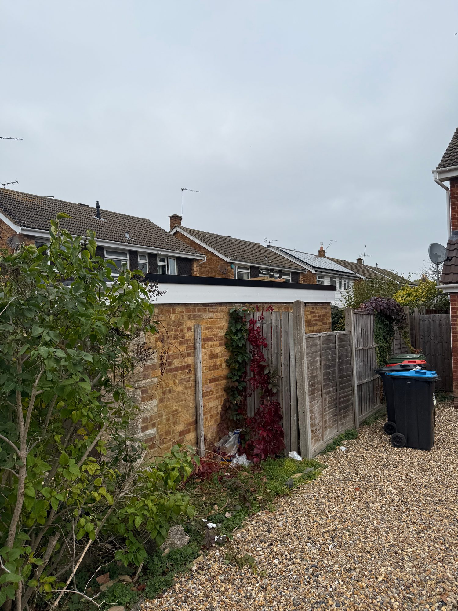 Completed flat roof above a brick outbuilding, with a clean roof edge visible alongside the surrounding garden, fencing and neighbouring homes